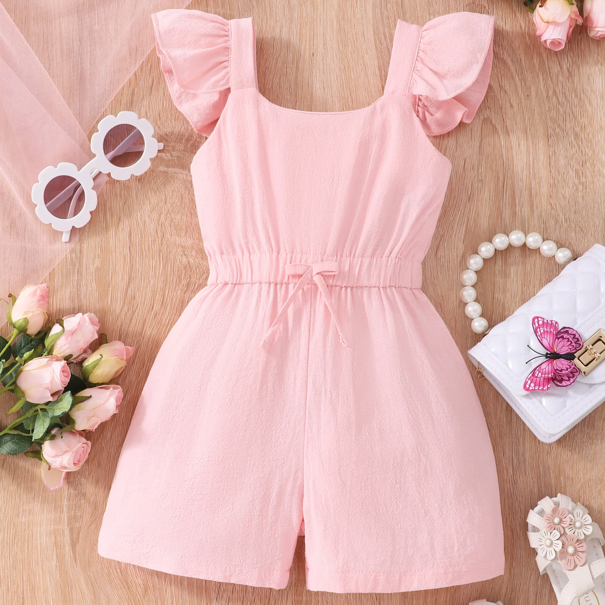 New Kids Girls Clothes Short Sleeve Summer Solid Color Children Jumpsuit Elasticity Waist Bow Fashion Casual Cute Girls Romper