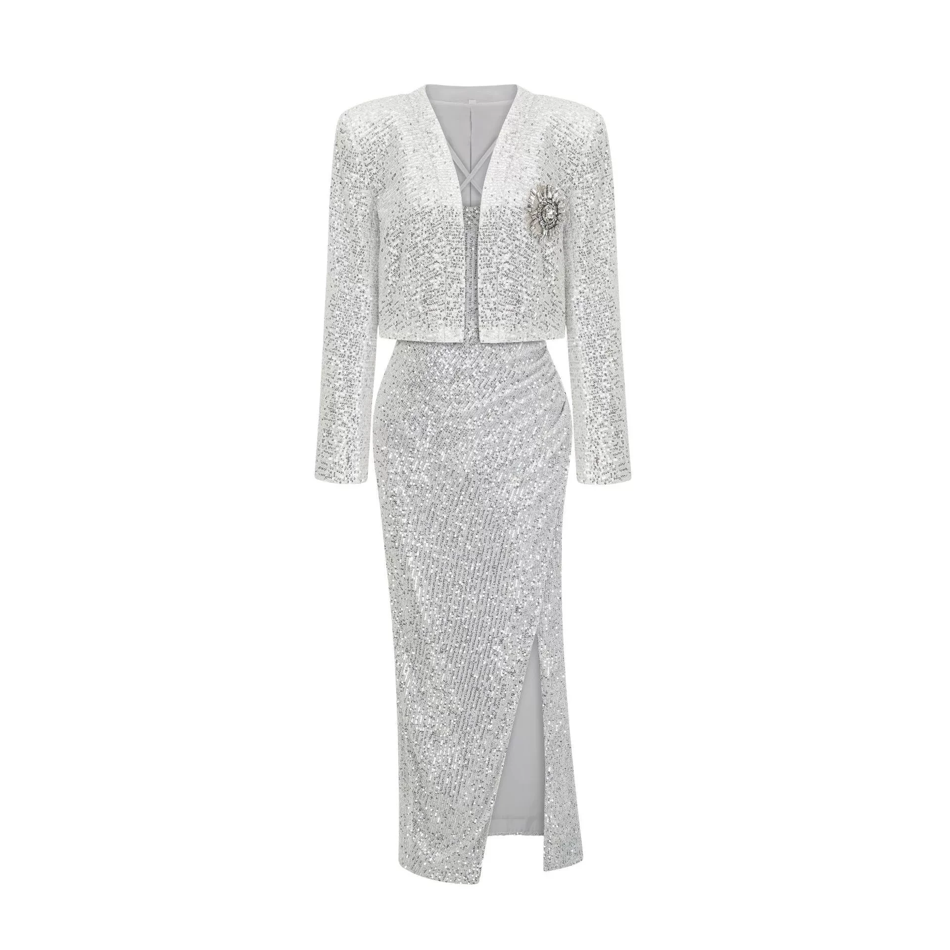 

Suit jacket suspender dress suit celebrity style sequined high-end long skirt birthday party banquet two-piece dress-GZXX511