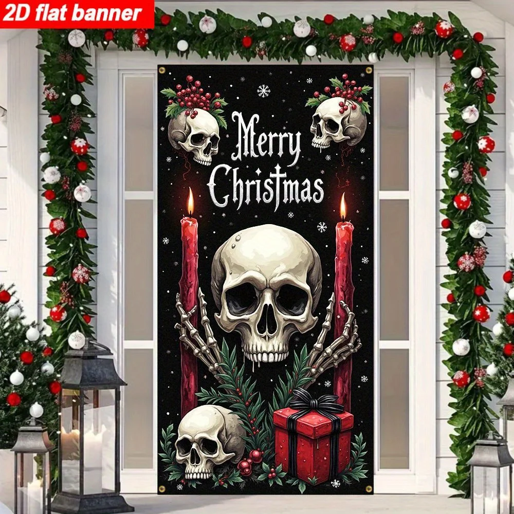 2D Flat Banner Featuring Gothic Christmas Decorations Halloween-Themed Scary Skull Design Skulls Candles Holly Berries Backdrop