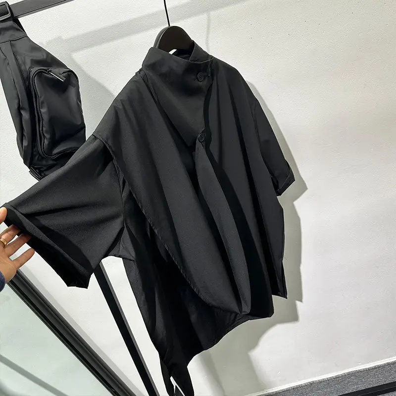 Fashionable Summer Avant-Garde Irregular Stand Collar Loose Short Sleeve Shirt Retro Design Personality Ice Silk Cool T-shirt