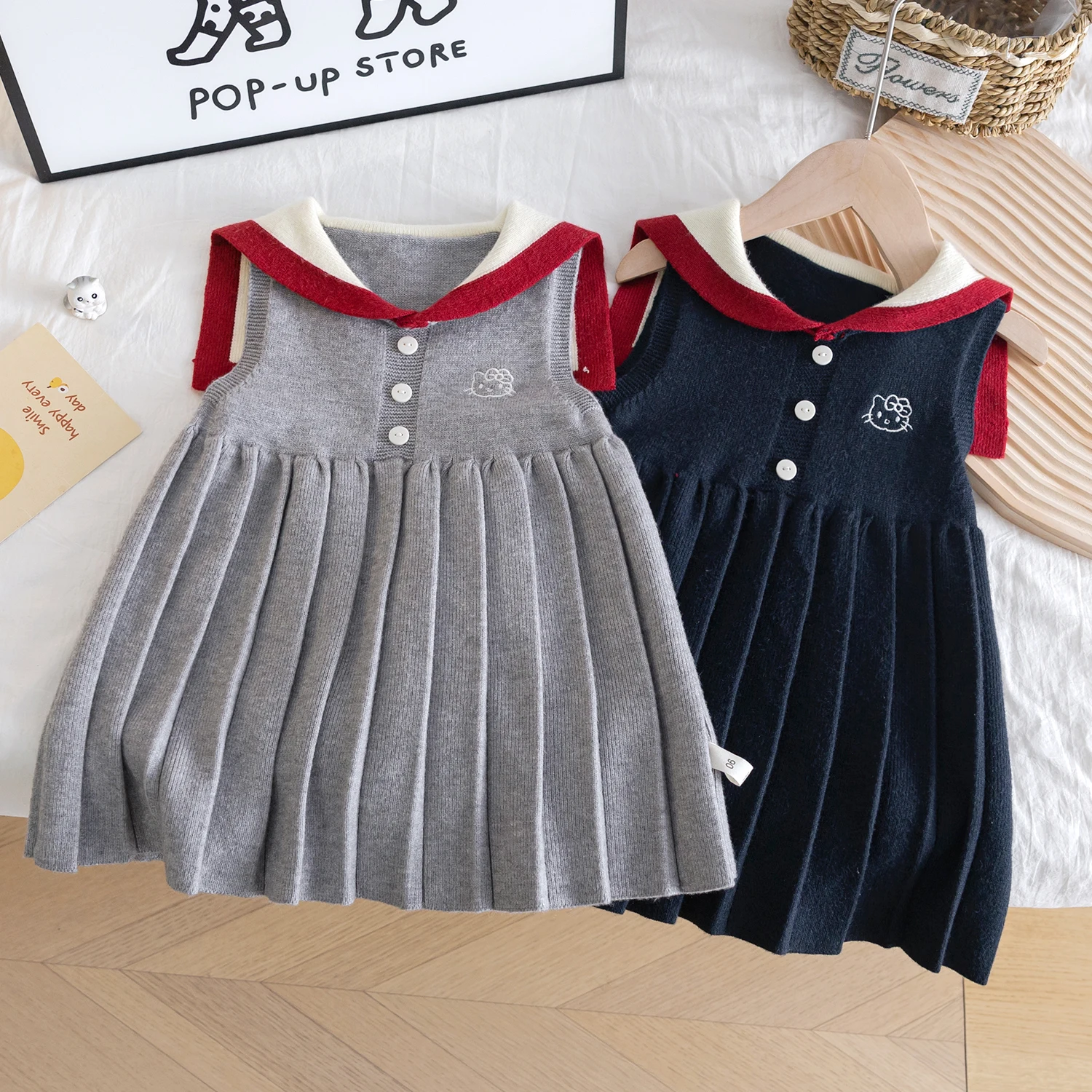 

Autumn Winter Girls' Navy Collar Dress New Children's Bow Vest Dresses Cartoon Hello Kitty Embroidered Pleated Vestidos