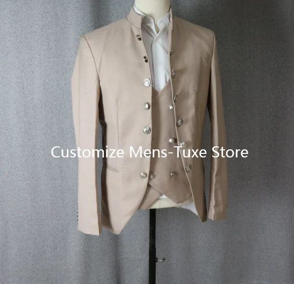 Beige Suits for Men 3 Piece Stand Collar Double Breasted Male Suit Slim Fit Causal Formal Elegant Groom Wedding Tuxedo