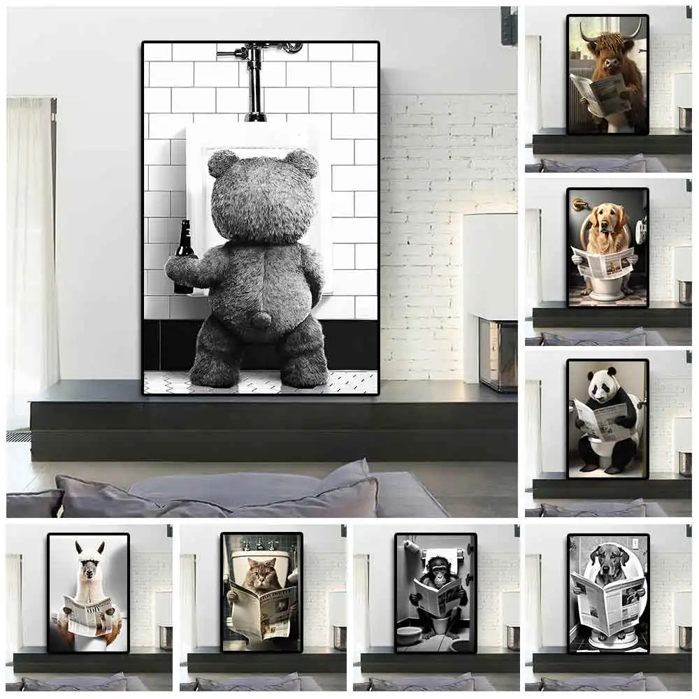 

Funny Cat Sitting On Toilet Canvas Painting Panda Reading Newspaper Poster Highland Cattle Wall Art Humorous Bathroom Decoration