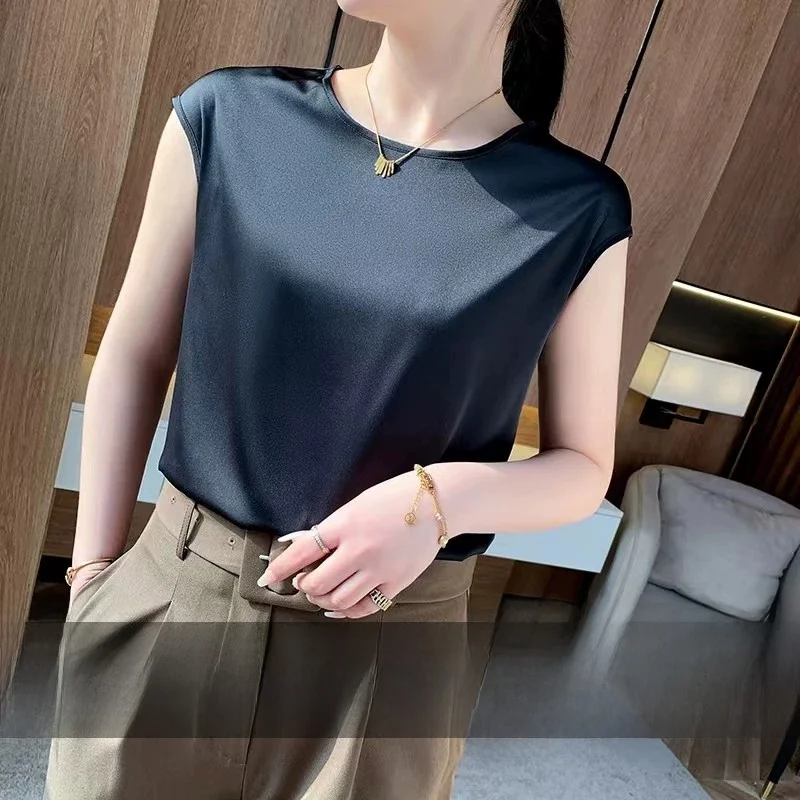 

Silk Svel Майка Женский костюм Внутренняя шелковая футболка Свободная основа irt Корейский Sle круглый Ne ort Sve