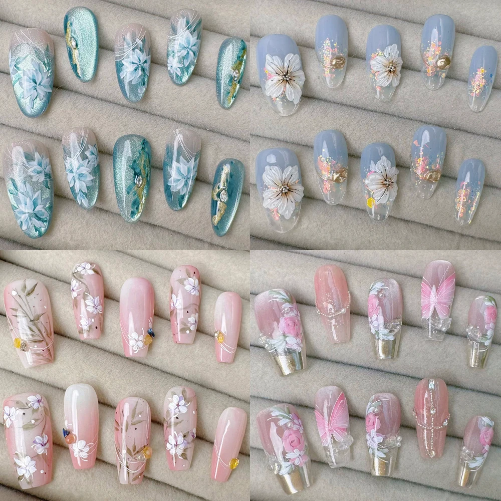 

10Pcs Retro Flower Series Long Coffin Almond Nail Party Stickers Hand-Drawn Butterfly Pearl Rhinestone Reusable Fake Nails Gift