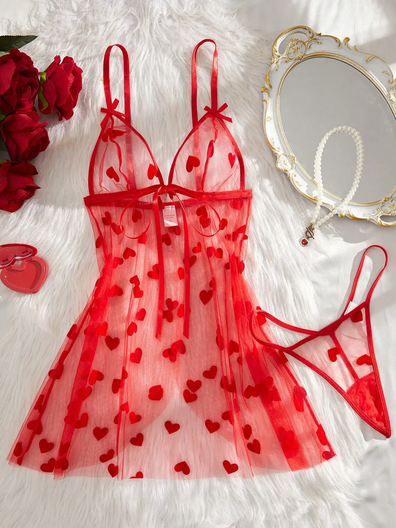 

2pcs Women's Sexy Floral Mesh Robe Set, Front Tie Bow Decor Lingerie Set