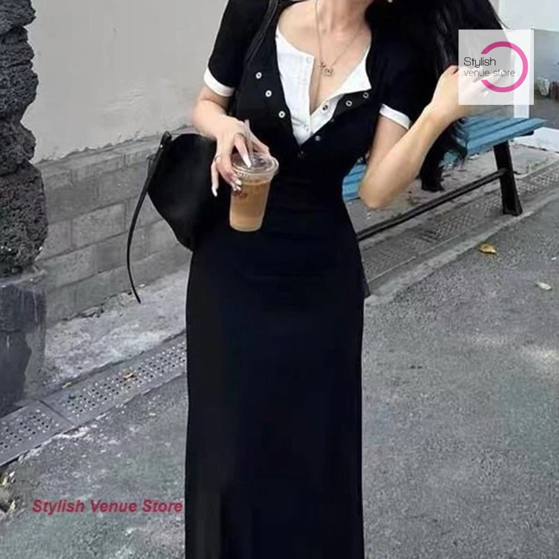 

Korean style fashion black dress female summer new short-sleeved sexy temperament fake two-piece design sense long skirt