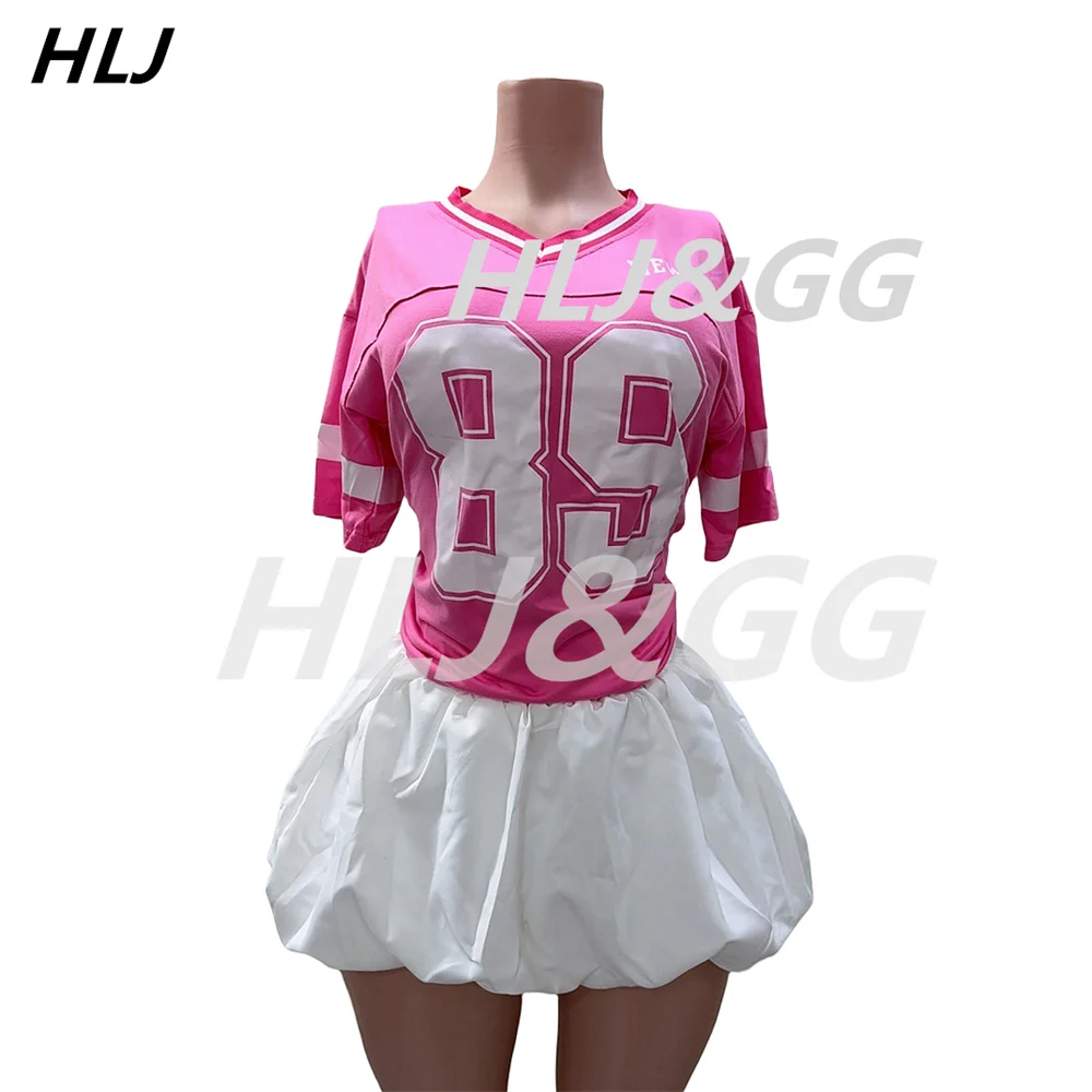 HLJ Sweet Women Bubble Skirts Two Piece Sets Fashion Letter Print V Neck Tshirt And Mini Skirts Outfits Female Trend Streetwear