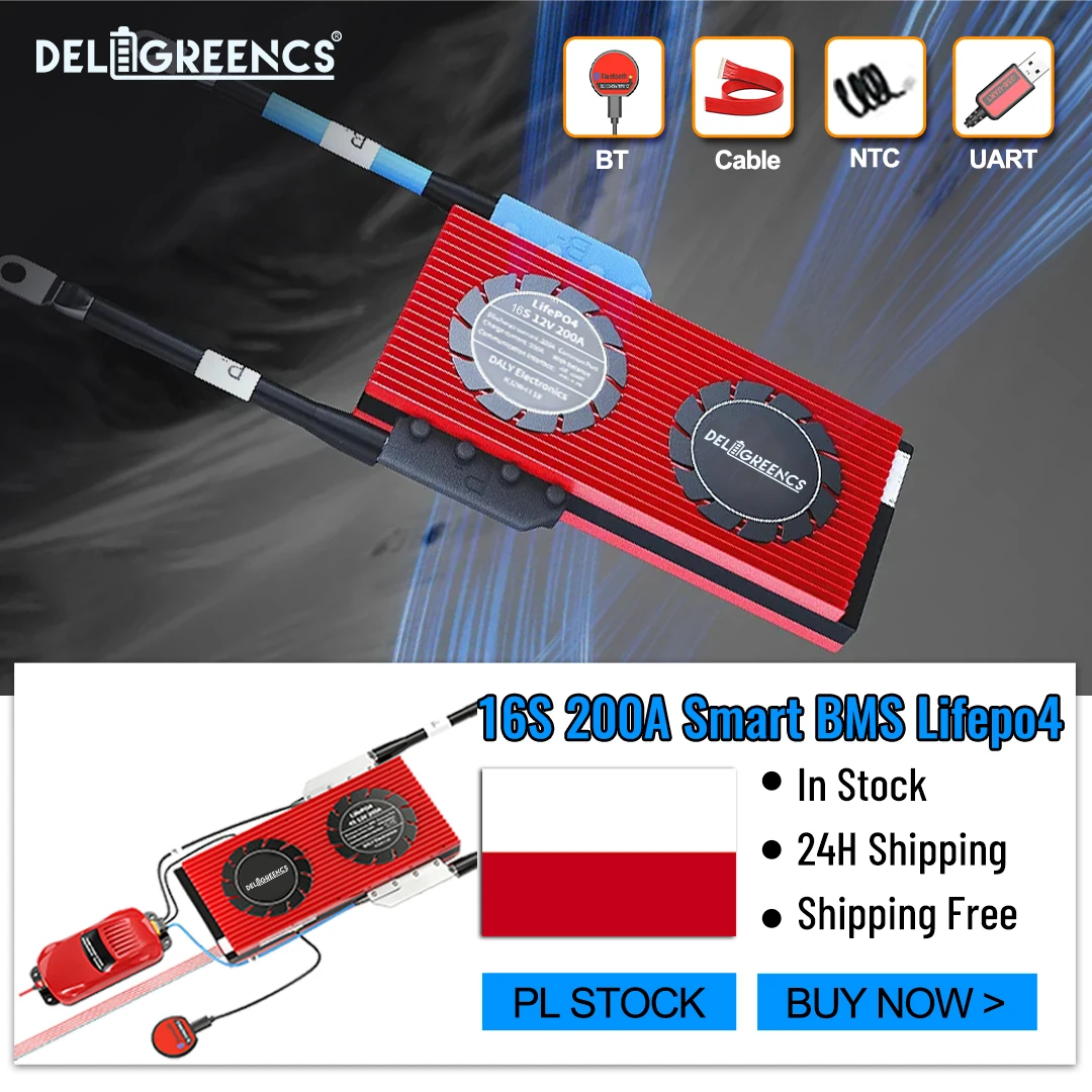 폴란드 주식 Lifepo4 배터리, 보조배터리 스마트 BMS, 블루투스 Uart 밸런스 케이블, 24 시간 무료 배송, 48V, 16S, 200A