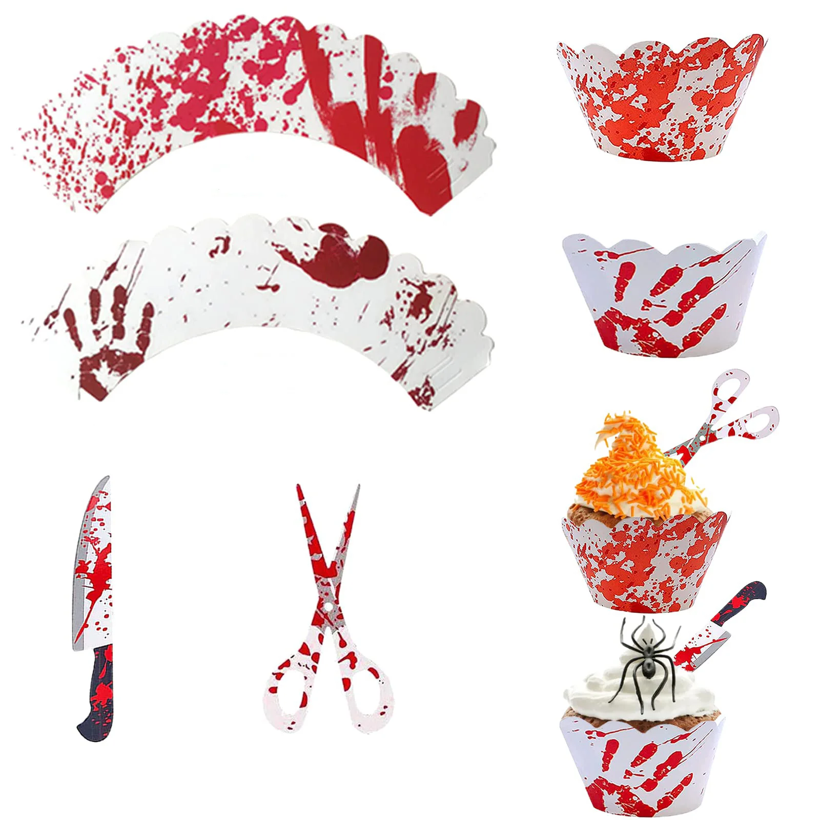 

Halloween Cupcake Wrapper and Topper Horror Cake Decoration Scary Bloody Knife Scissors Food Decor Party Suppliers for Halloween