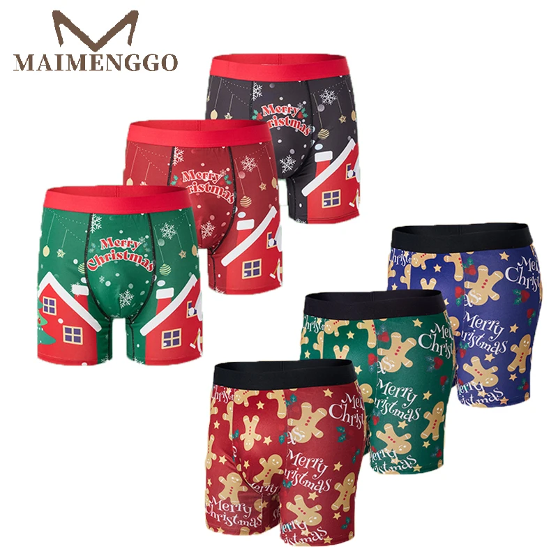 

3PC Christmas Underwear Print Breathable Mens Gingerbread Man Casual Sports Boxers Four Corner Shorts Christmas Gifts 2025