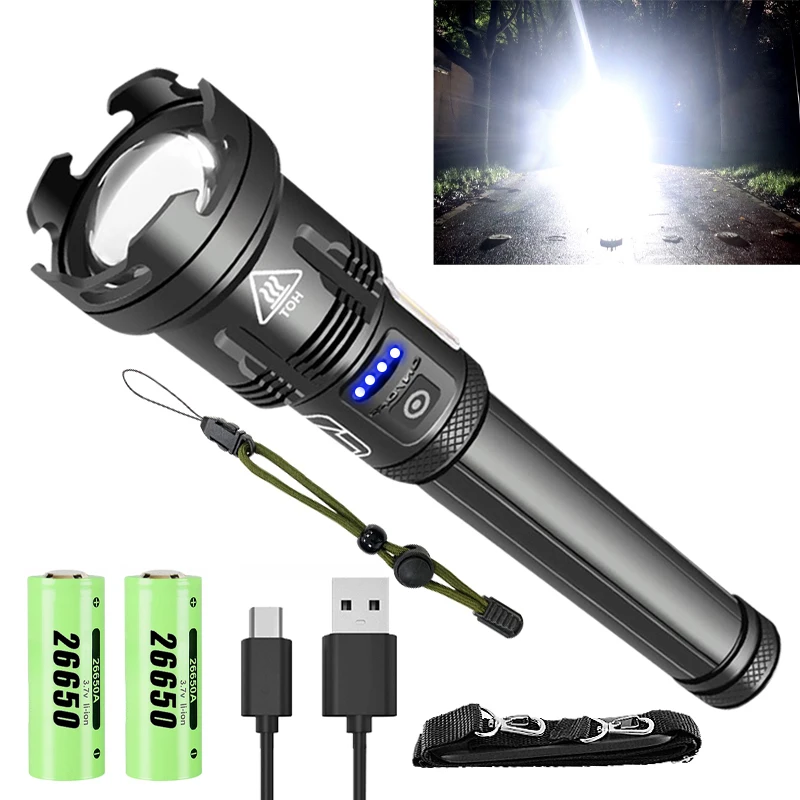 Most Powerful High Lumen LED Flashlight USB Rechargeable Tactical Torch Outdoor Waterproof Zoomable Camping Hunting COB Lantern