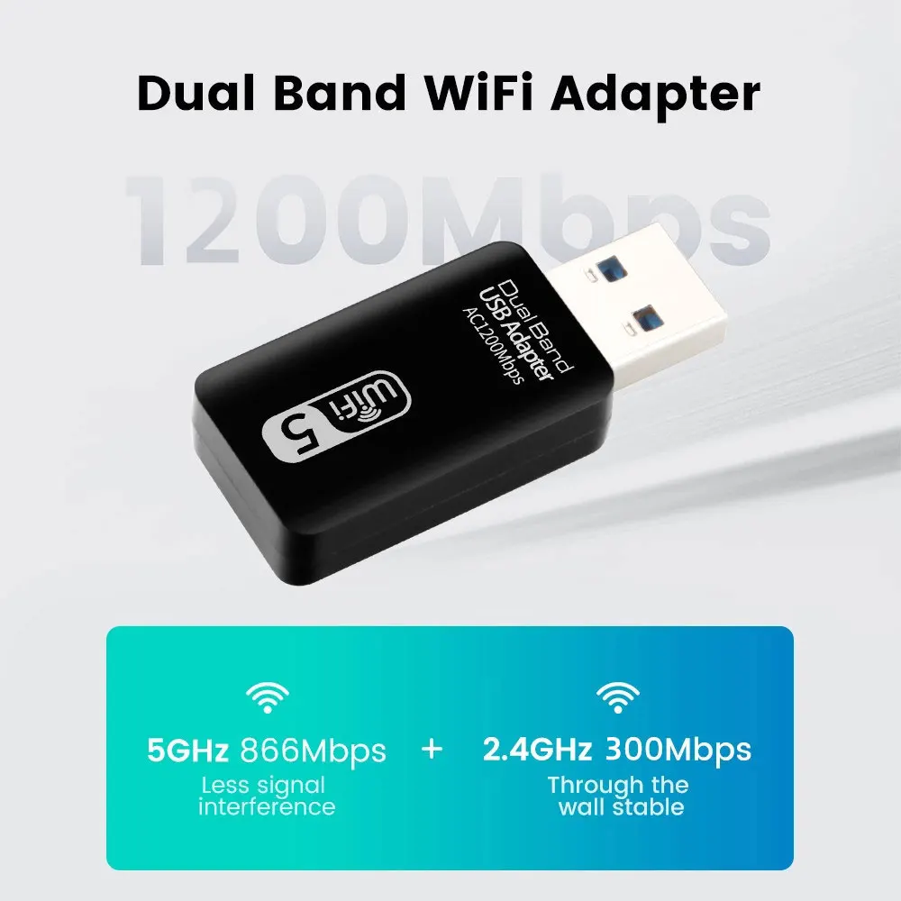 Adaptateur USB 1200 3.0 Mbps, Carte Réseau Sans Fil, WiFi 5 Dongle USB 2.4G/5G, Récepteur WiFi pour PC Portable Windows