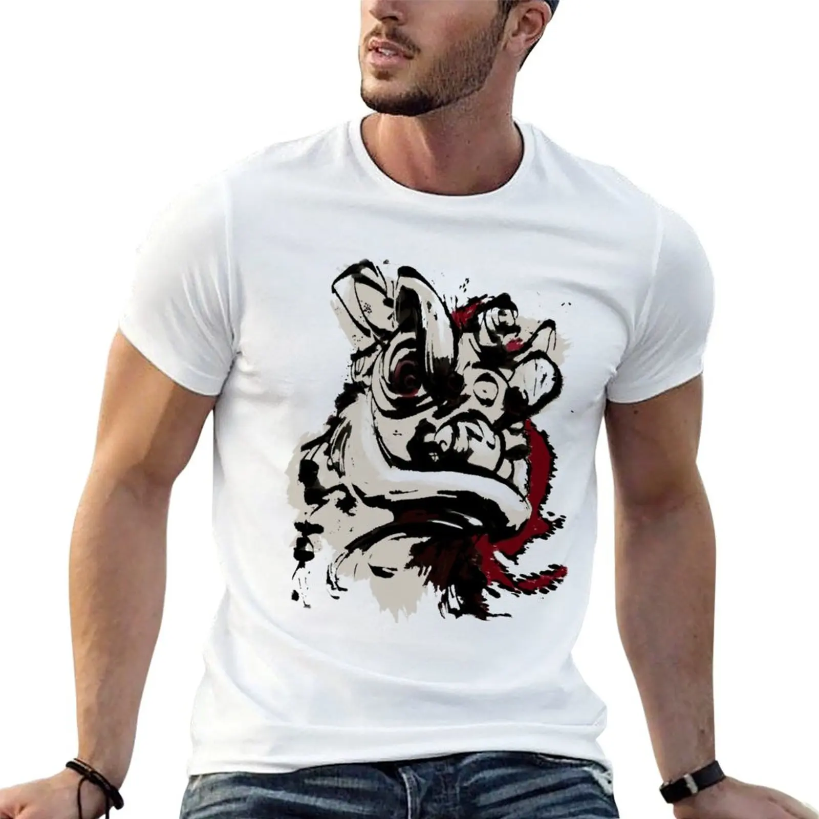 Lion Dance T-Shirt Plus Size Basic Cotton T-Shirt