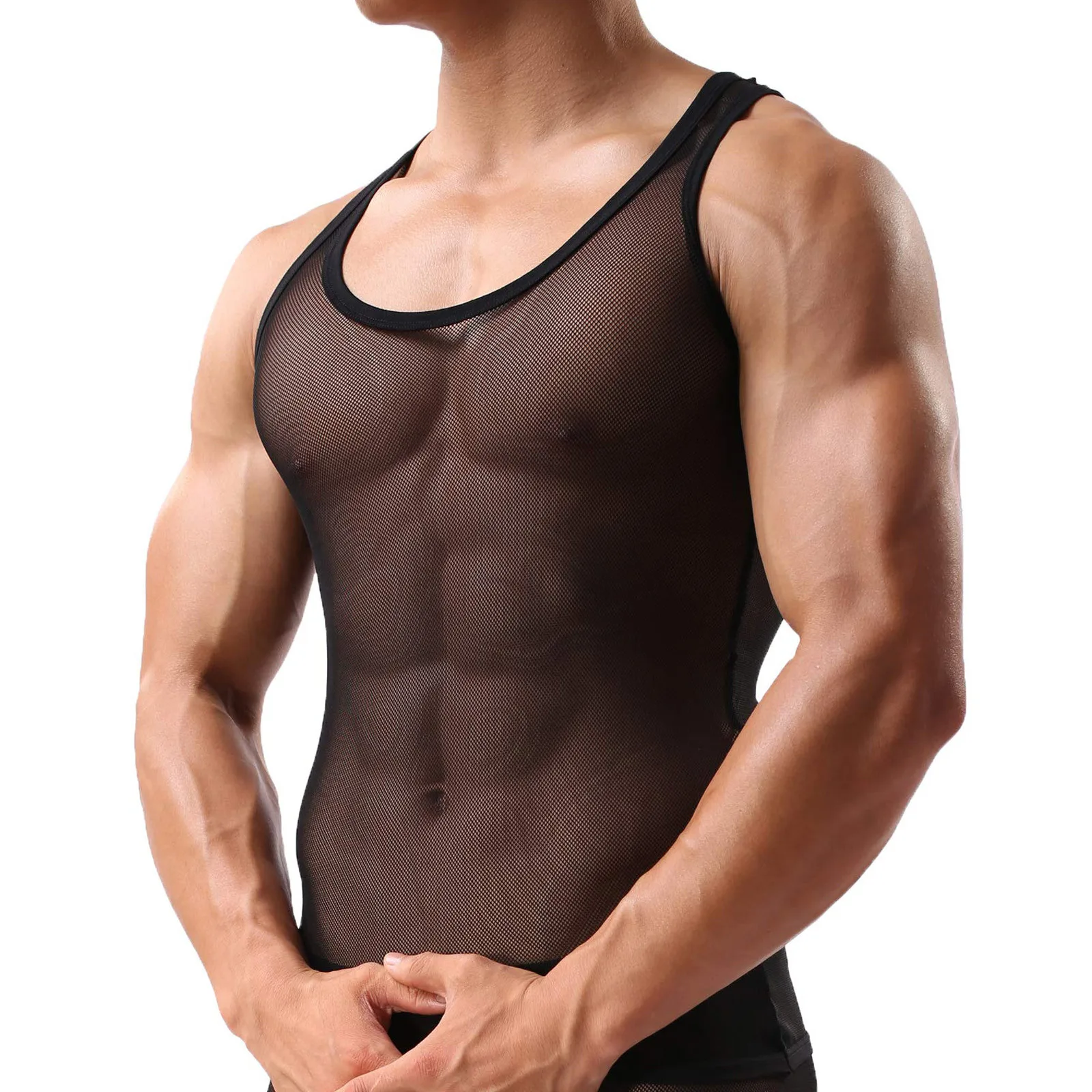 Transparent Undershirt See-Through Sleeveless Shirt Mesh Breathable Bodybuilding Fitness Vest Sexy Men Singlet