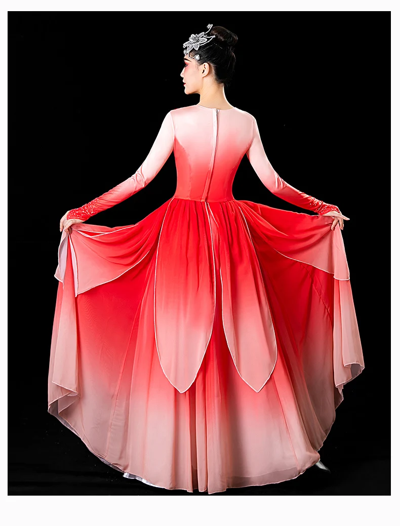 女性のためのクラシックダンスの衣装、hanの衣装、大きなスイングスカート、モダンなオープニング、ファン