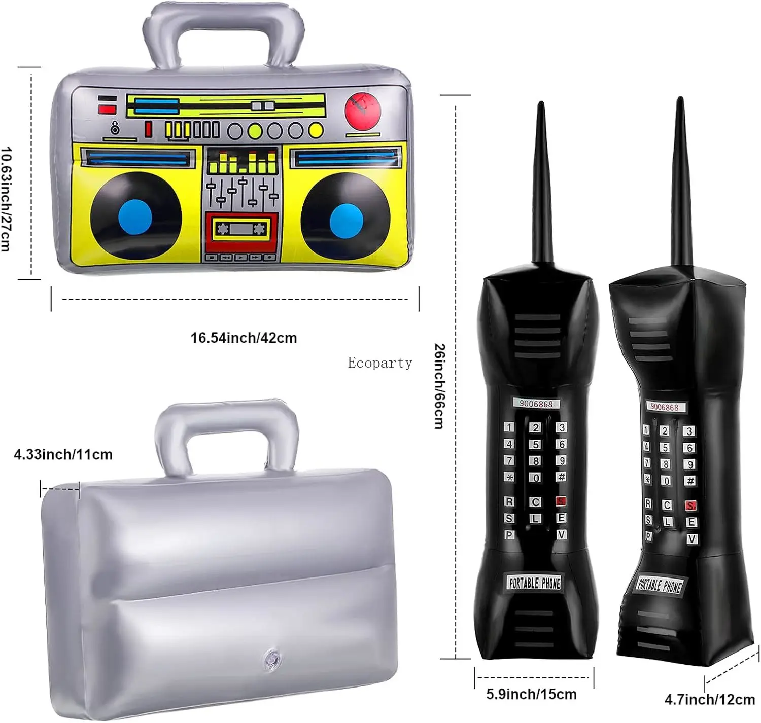 Halloween 6 Pcs 80s 90s Hip Hop Costume Outfit Kit Inflatable Radio Boombox Necklace Ring Sunglasses Hat Rapper Accessories set