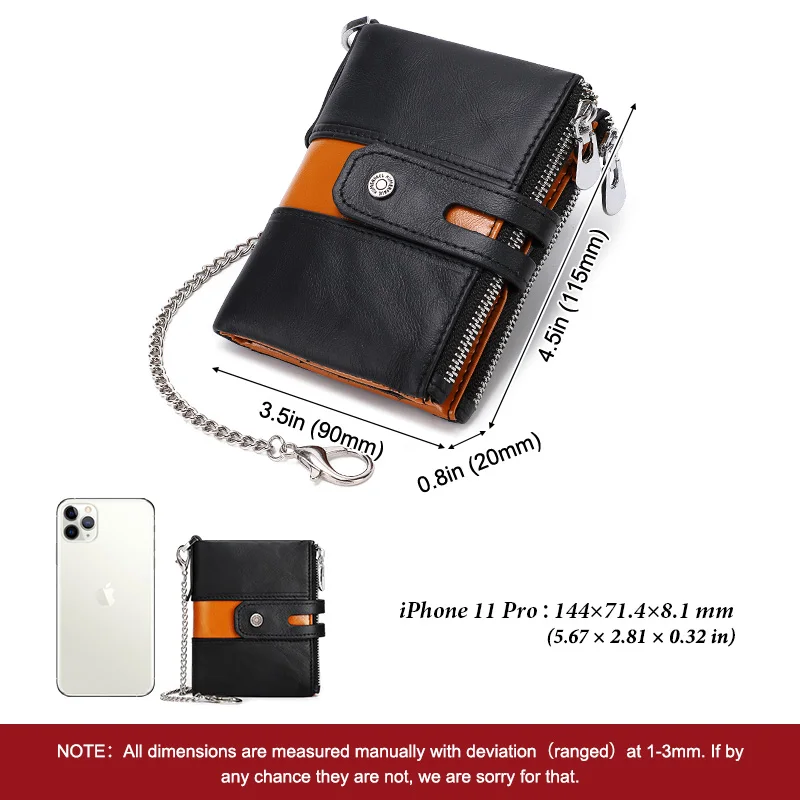 Genuine Leather Wallet for Men Original  Luxury RFID Card Holder with Zipper Coin Purse Anti-theft Chian PORTFOLIO Portomonee