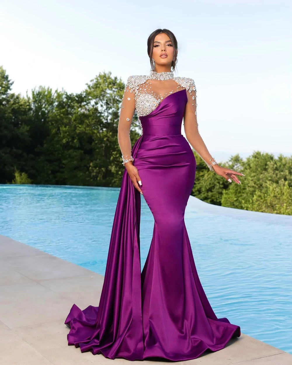 Satin Mermaid Evening Dresses Saudi Arabia Long Sleeves Luxury Crystal Beaded For Bridal Formal Wedding Party Prom Gowns Vestido