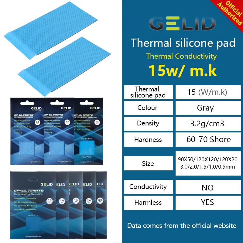 Gelid gp-almofada térmica final 15w/mk cpu/gpu gráficos placa-mãe silicone graxa almofada de dissipação de calor silicone multi-tamanho