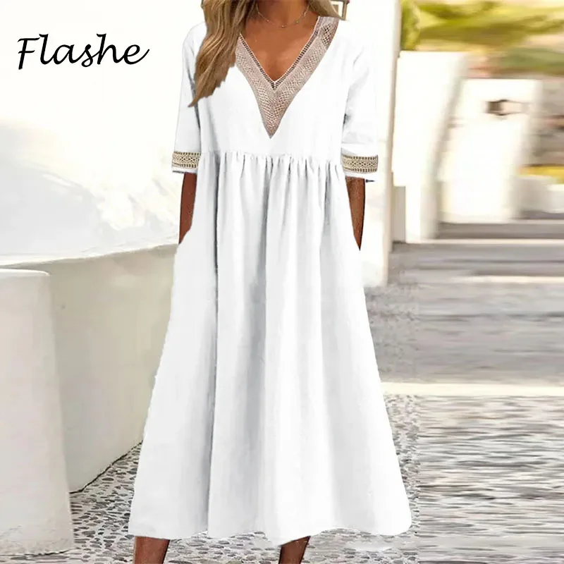 

Summer Women Beach Party Dress V Neck Patchwork Design Half Sleeve A-line Casual Loose Long Dress 2023