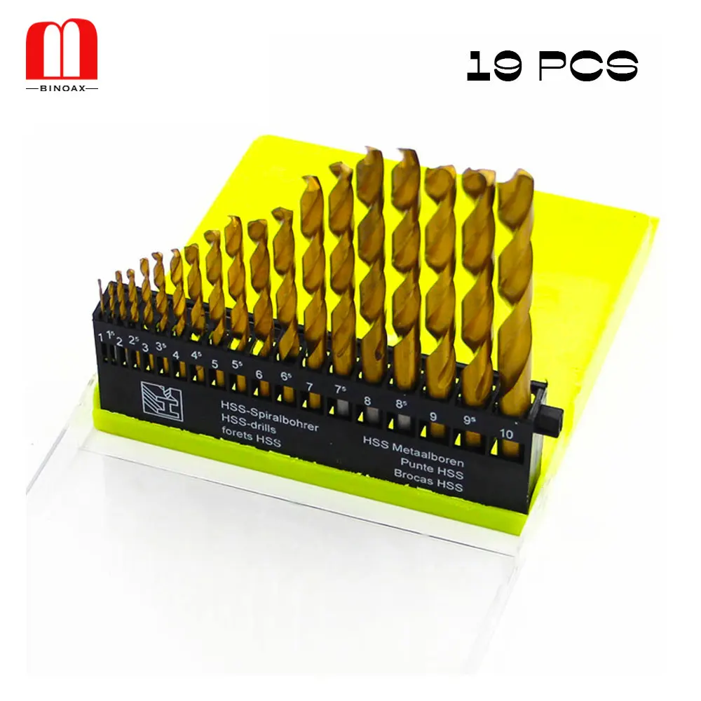 

BINOAX 13/19pcs HSS Metric Drill Bit Set Titanium Coated Twist Drills Metal Wood 1-10mm