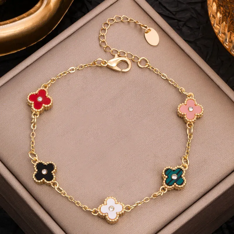 Fashion Colorful Petals Plant Four Leaf Flower Clover Charm Bracelets for Women Lucky Clover Fashion Wrist Chain Jewelry Gifts