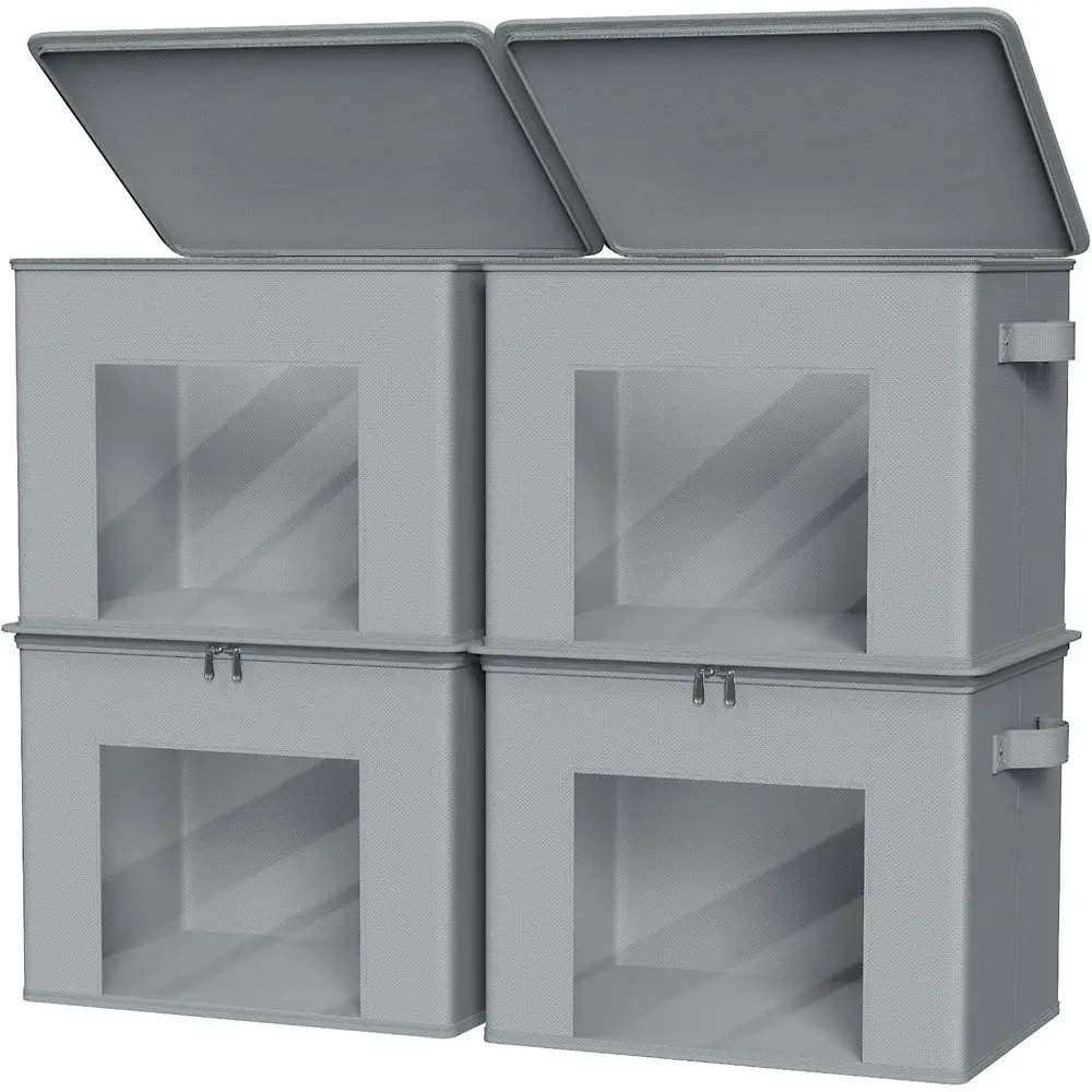 

Тканевые контейнеры для хранения с крышкой, 4 шт., штабелируемые, органайзеры для шкафа, органайзеры для свитеров с молнией и прозрачным окном