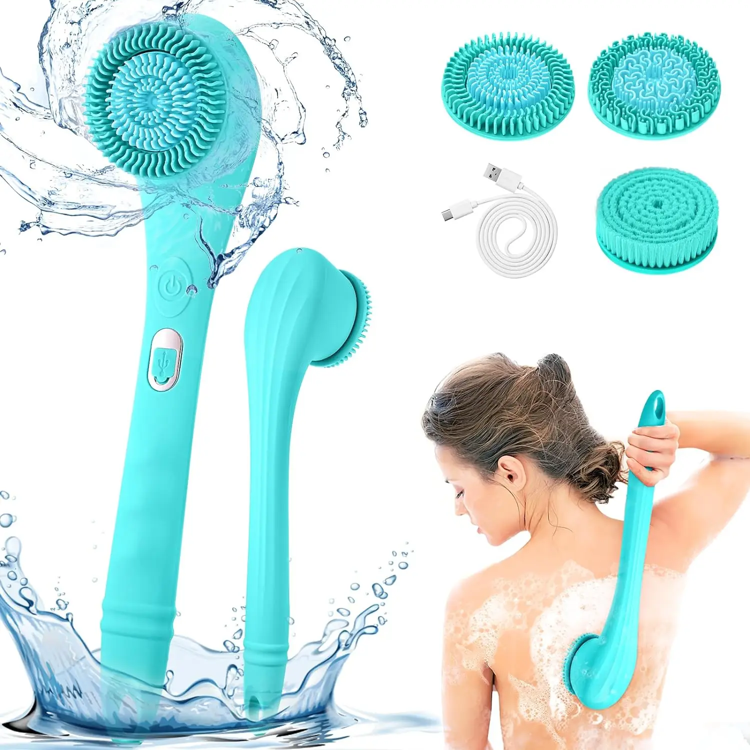 Electric Shower Brush Set for Whole Body Cleaning Back Scrubber 3 Cleaning Heads 2 Speeds Bathing Brush Massage Exfoliator Brush