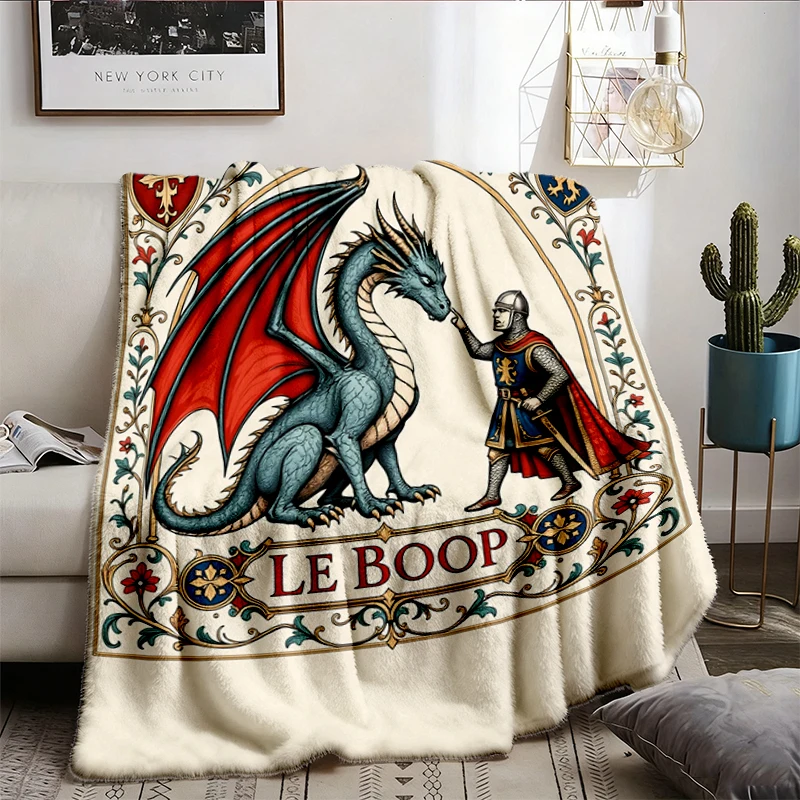 Knight Booping Dragon Flannel Blanket, Funny Medieval Fantasy Throw, Renaissance Faire Gift