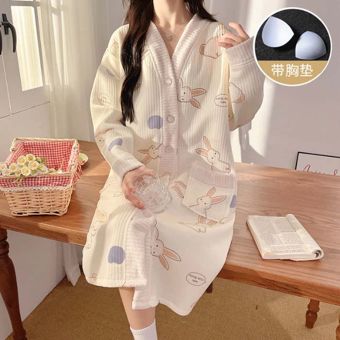 Autumn Winter Cotton Padded Nursing Night Dress for Maternity Thick Warm Cardigan Feeding Sleepwear Pregnancy Homewear Hospital