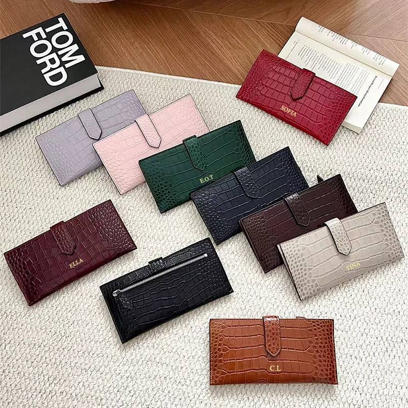 Luxury Fashiion Woman Long Wallet Crocodile Leather Pattern Cowhide Cash Clip Lady Custom Name Card Holder Phone Bag Coin Purse