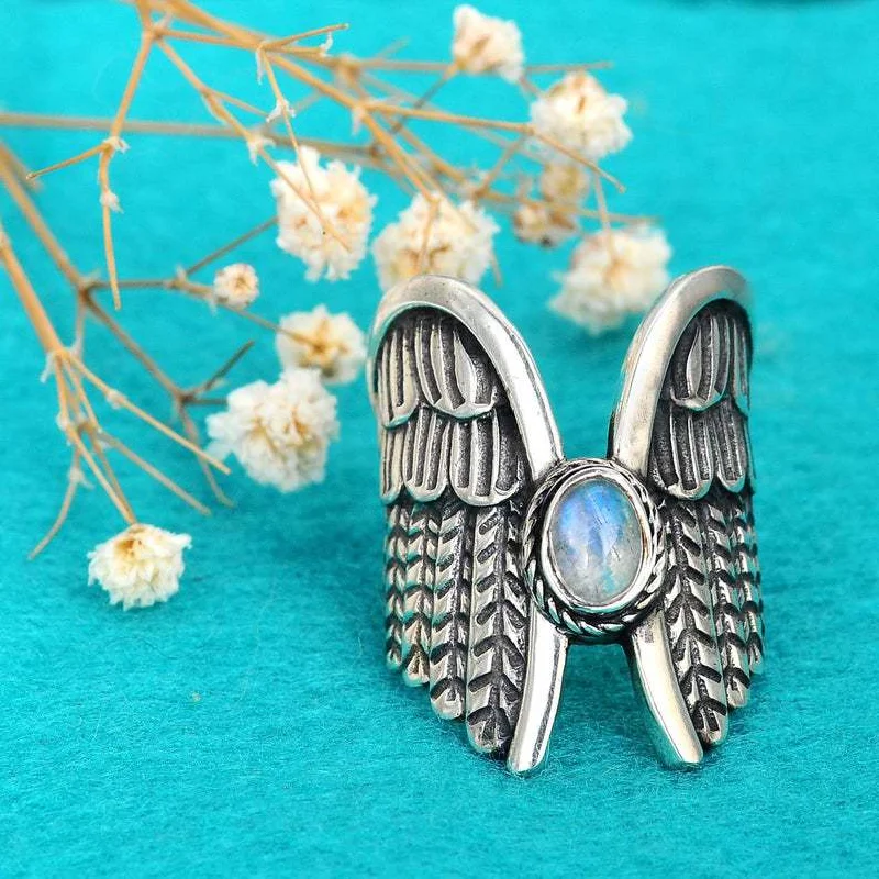 2026 Hot Selling New Angel Wing Moonstone Ring European And American Retro 925 Silver Feather Ring