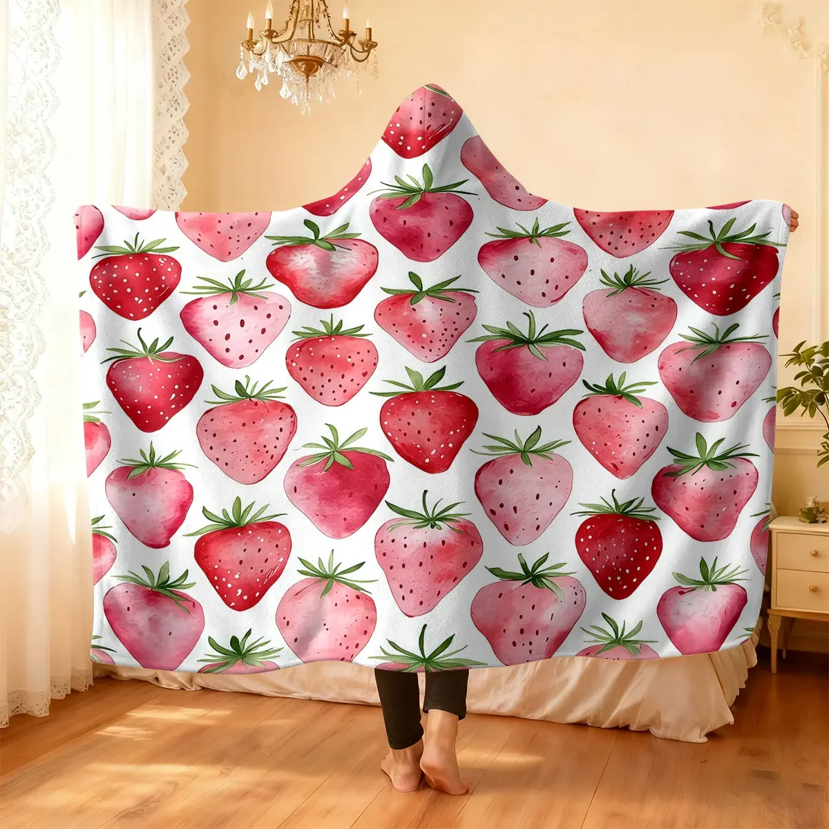 1pc watercolor red and pink strawberry pattern flannel hoodie can be worn as a cape or blanket multiple sizes