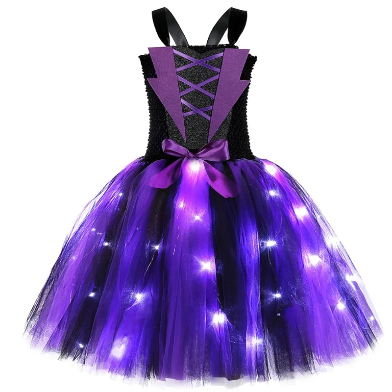 Girls' Light‑Up Witch Costume, LED Glowing Dress, Set with Witch Hat and Broom, Fancy Outfit for Kids' Halloween Carnival