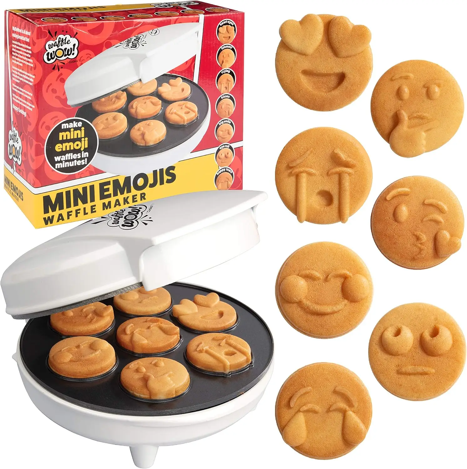 

Mini Emojis Waffle Maker for Holiday Breakfast- Make 7 Unique Smiley Face Waffles Pancakes for Kids- Electric Non Stick Iron