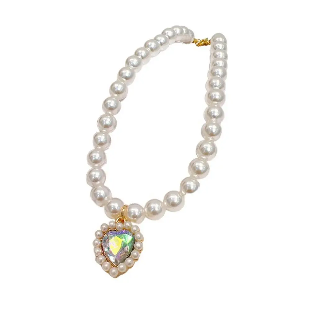 

Decorative Pet Pearl Necklace Adjustable Colorful Pet Bling Princess Collar Artificial Pearls/Metal Cat Heart Diamond Necklace