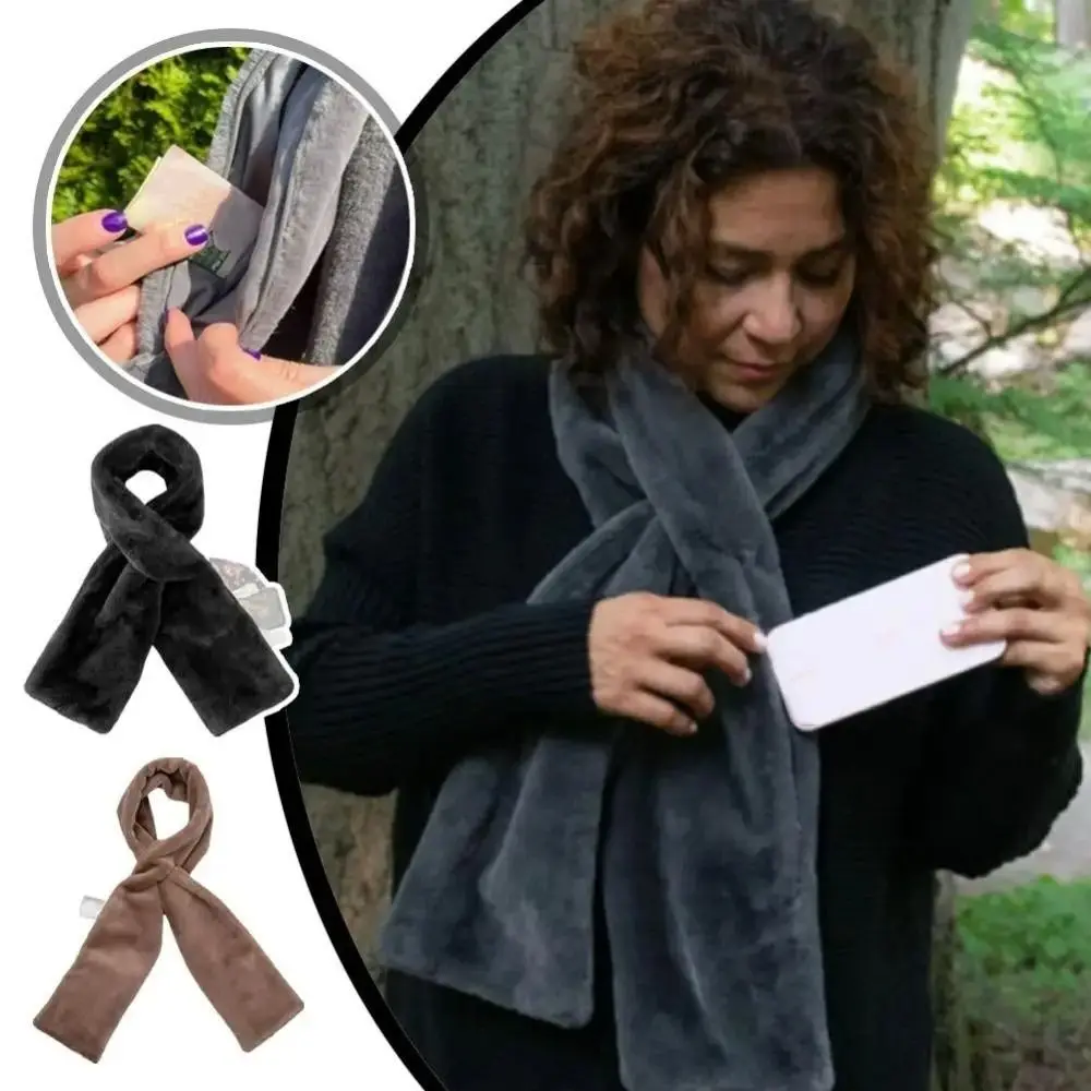 

Soft Scarf with Hidden Zipper Pocket Phone Storage Cold Protection Warm Long Scarf Windproof Thickened Faux Fur Scarf