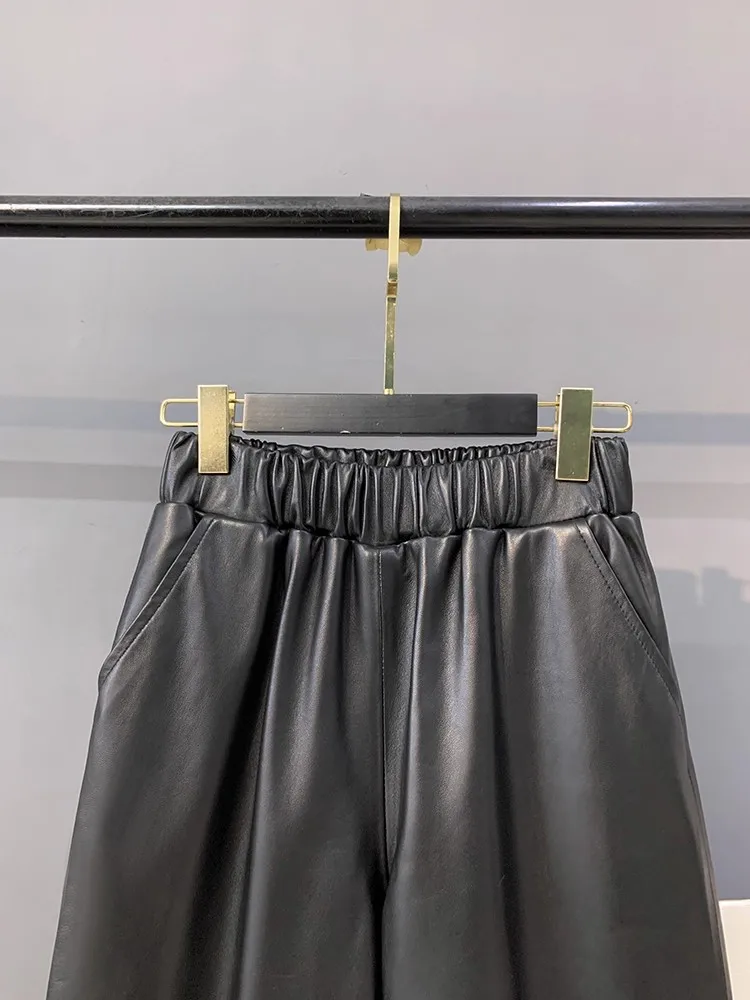 الخريف المرأة مرونة الخصر فضفاضة تناسب بنطال ذو قصة أرجل واسعة الكاحل طول الدانتيل تقسم جلد الغنم حقيقية بنطال جلدي ملابس الشارع الشهير غير رسمية #4