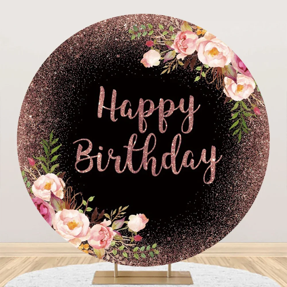 Adult Happy Birthday Round Photography Backdrop Cover White Gold Glitter Balloon Circle Baby Shower Photo Background Studio Prop