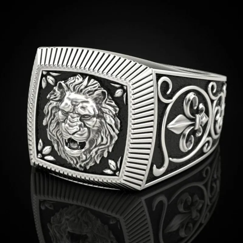 Men\'s Vintage Leo Ring Luxury White Gold Plated Carving Lion Finger Rings Fashion Square Shape Punk Jewelry Anniversary Gift