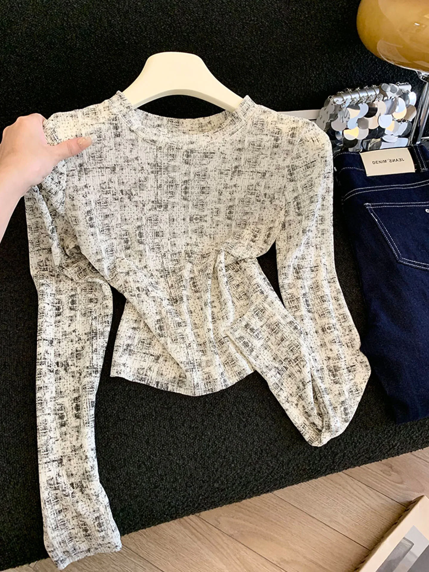 

Slimming Effect Knitted Base irt Women's Casual Sle Long Sve round Ne Ink Diffusion Pattern Knitwear Spring Autumn