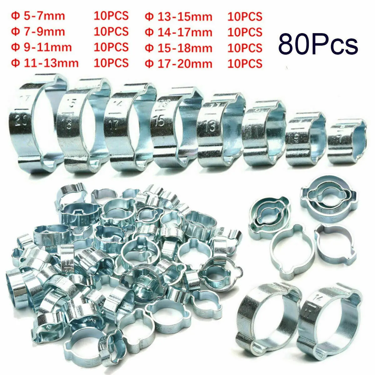 

80Pcss/set 5-20mm Double Ear Clamp Fuel Oil Water Hose Clip Pipe Tube Carbon Steel Clamp Fastener Assortment Kit