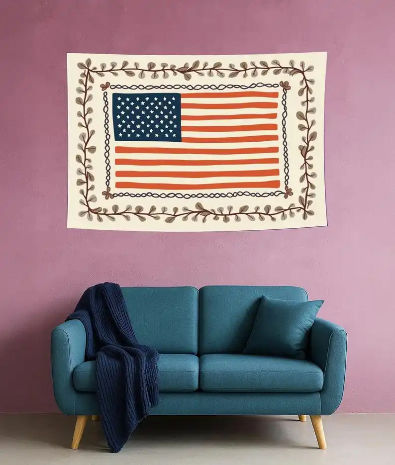 Folk Art Style American Flag Tapestry Rural Style American Flag Tapestry American Decoration Patriotic Room Decoration