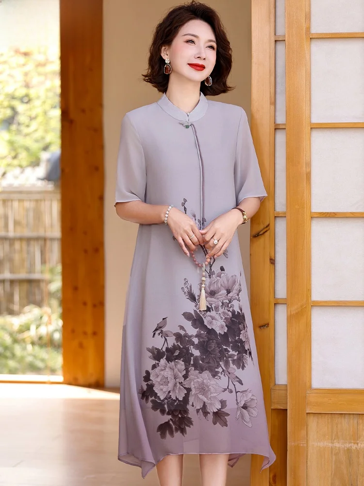 

New Chinese Sle Summer Dr for Middle-Aged Women Midi Skirt Loose Fit ort Sve Silk Chiffon Faionable Matronly Wear