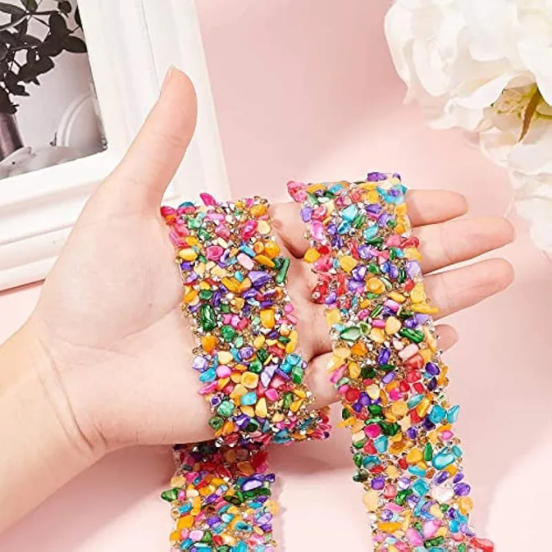 1 Yard 1.4 Inch Crystal Rhinestone Trim Hotfix Ribbon Colorful Artificial Gem Stone Beaded Iron On Applique Chain Embellishment