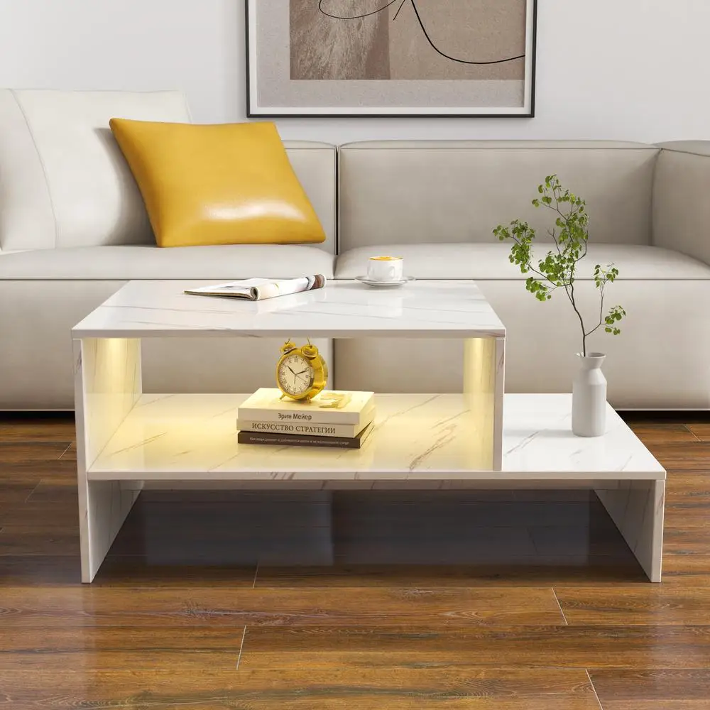 

Architectural Coffee Table White Modern Unique Shape Open Storage Living Room Furniture