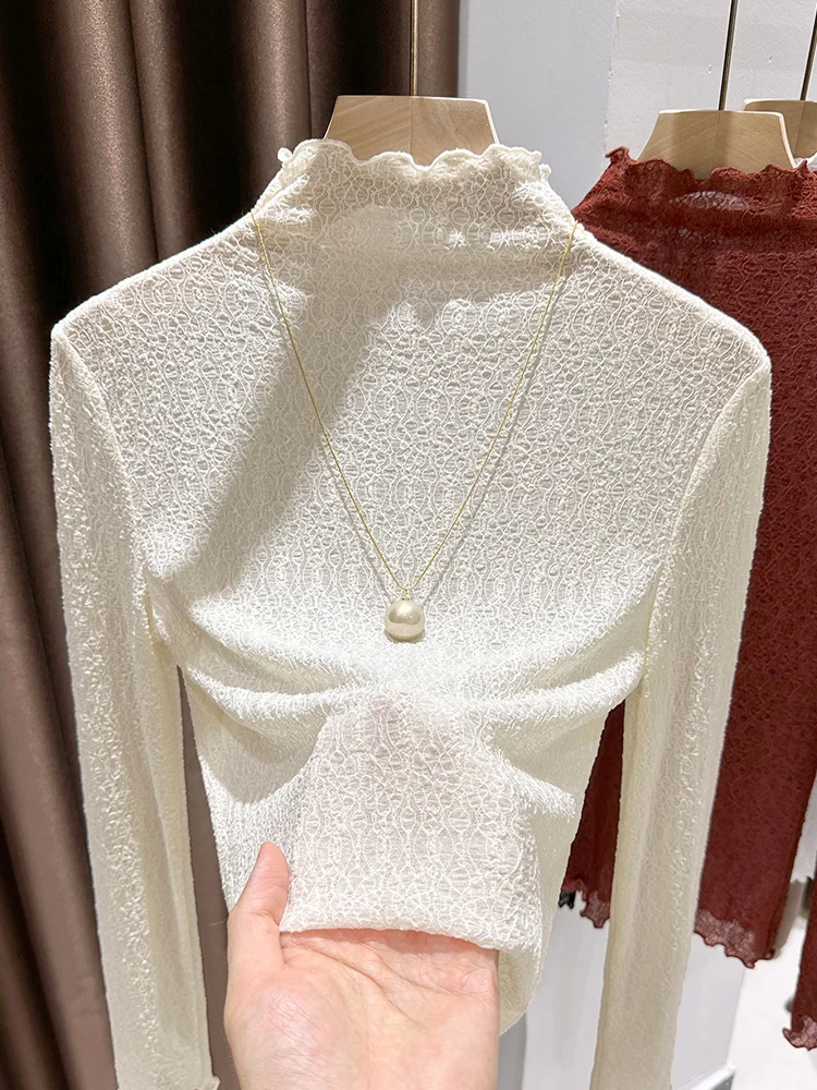 

French Sle Lace Svel Top Women's High Collar Base irt Spring Autumn Thin Me Inner Wear Long Sve Breathable Ski...