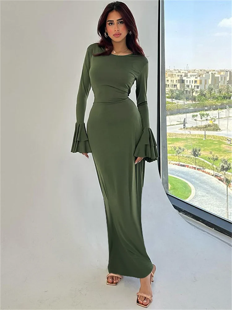 Tossy Ruffled Lace-Up Elegant Long Dress Female Fashion Slim Elegant Long Sleeve High Waist Party Dress Women Autumn Maxi Dress