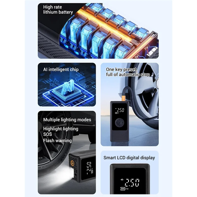Gybb-bomba de ar multifuncional, inflador de pneus elétrico portátil de alta potência para carros, motocicletas, caminhões, reboques, acessórios de carro